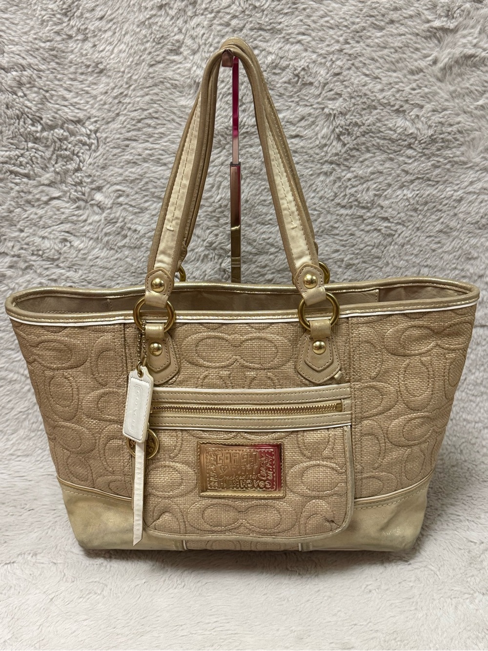Coach Poppy Textured Raffia/Straw Signature Tote bag with Metallic Leather Trim